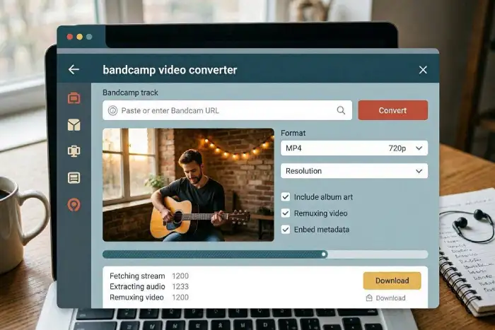 Bandcamp Video Converter 1 Bandcamp Video Converter Free online Bandcamp video converter tool interface asset graphic